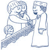 Childlike drawing of a family consisting of mother, father and child shaking hands over a fence with an individual in a robe.