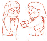 Childlike drawing of a mother speaking with a teacher.