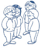 Childlike drawing of four children talking.