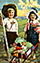 Painting of a boy and girl and a wheelbarrow full of fresh vegetables.