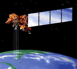 Representation of a satellite in space beaming data to earth.
