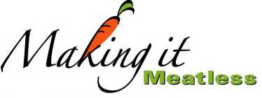 Design comprising the words, ‘Making it’, in black italic script with an orange carrot with a green leaf inserted as the upright stem of the letter ‘K’; and the word, ‘Meatless’, in green bold face block font, with slight shadowing in black.