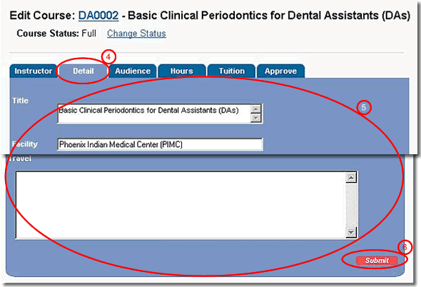 image of Edit Course page with detail tab, information area, and submit button highlighted