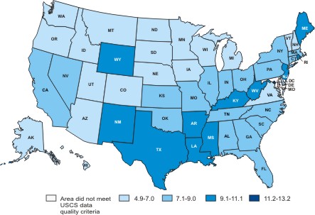 Map of the United States showing cervical cancer incidence rates by state in 2004.
