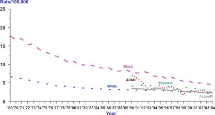 Line chart showing the changes in cervical cancer death rates for women of various races and ethnicities from 1969 to 2004.