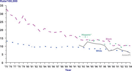 Line chart showing the changes in cervical cancer incidence rates for women of various races and ethnicities from 1975 to 2004.