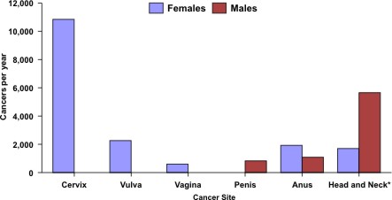 This bar chart shows that about 10,800 HPV-associated cervical cancers, 2,300 HPV-associated vulvar cancers, 600 HPV-associated vaginal cancers, 800 HPV-associated penile cancers, 1,900 HPV-associated anal cancers in women and 1,100 in men, and 1,700 HPV-associated head and neck cancers in women and 5,700 in men occur in the United States each year.