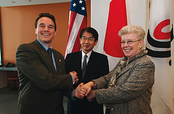 Photo showing The U.S., Japan, and Europe furthering their coordination, cooperation and harmonization efforts at the 25th Annual Trilateral Conference. USPTO Director Jon Dudas, JPO Commissioner Masahiro Koezuka, and EPO President Alison Brimelow addressed global workload challenges and identified mechanisms for improving quality of applications.