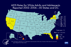 Slide 11. AIDS Rates for White Adults and Adolescents Reported 2002–2006-50 States and DC

From 2002 through 2006, the highest state-specific AIDS case rates for white (not Hispanic) adults and adolescents were in the District of Columbia and Hawaii. The rate for the United States—7.1 per 100,000—is, however, considerably lower than the rate of 68.7 for blacks or the rate of 24.0 for Hispanics. The high rate for the District of Columbia should be interpreted with caution because the other rates presented are for states, and the District of Columbia is a city. The rate for the District of Columbia should be compared with the rates for other cities rather than other states.