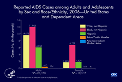 Slide 8. Reported AIDS Cases among Adults and Adolescents by Sex and Race/Ethnicity, 2006—United States and Dependent Areas

In 2006, 73% of reported AIDS cases were cases in males. The largest proportion of AIDS cases in men were blacks (not Hispanic), followed by those in whites (not Hispanic) and Hispanics.

Of females with AIDS, 64% were black (not Hispanic), and nearly equal numbers were white (not Hispanic) or Hispanic.

In comparison with AIDS cases among other races/ethnicities reported in 2006, relatively few AIDS cases were reported among Asians/Pacific Islanders and American Indians/Alaska Natives.