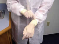 Photograph of laboratory worker donning gloves