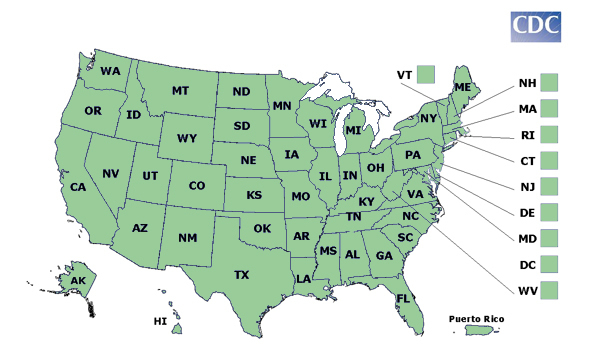 Image: West Nile Virus Map of States with links to their West Nile Virus pages