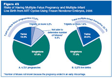 Figure 43: Risks of Having Multiple-Fetus Pregnancy and Multiple-Infant Live Birth from ART Cycles Using Frozen Nondonor Embryos, 2005.