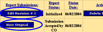 Report Status window where links to an original report form and a revision are highlighted