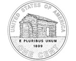 This line art reverse features a log cabin that represents Lincoln’s humble beginnings in Kentucky