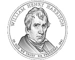 Image of William Henry Harrison with the inscriptions "William Henry Harrison", "In God We Trust", "9th President" and "1841."