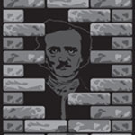 Drawing of Poe behind brick wall