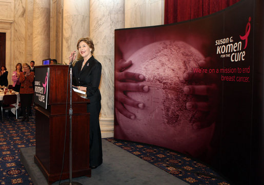 Mrs. Laura Bush delivers remarks at the Susan G. Komen for the Cure Global Initiative Luncheon Wednesday, March 12, 2008, at the U.S. Capitol in Washington, D.C. Mrs. Bush also talked about her upcoming trip to Mexico City where she will announce the U.S.-Mexico Partnership for Breast Cancer Awareness and Research. White House photo by Shealah Craighead