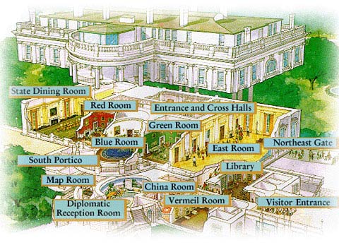Image map showing the floorplan of the rooms on the White House tour