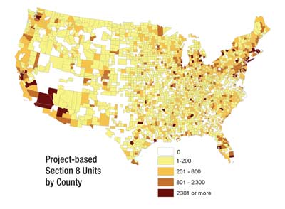 Map showing Section 8 project based subsidies across the country