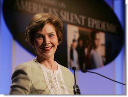 Mrs. Laura Bush addresses her remarks Wednesday, May 9, 2007 in Washington, D.C., at the National Summit on America’s Silent Epidemic highlighting America’s high school dropout crisis. Mrs. Bush encouraged communities across the nation to come together and take action to reduce the high school dropout rate.  White House photo by Joyce Boghosian