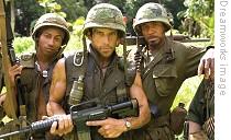 Brandon T. Jackson, left, Ben Stiller, center, and Robert Downey Jr. in scene from Tropic Thunder