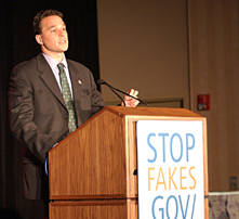 Under Secretary of Commerce for Intellectual Property Jon Dudas addresses participants at the Conference on Intellectual Property in the Global Marketplace in Miami, FL on September 26