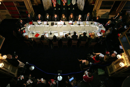 Mrs. Laura Bush joins members of the U.S.-Afghan Women's Council for a roundtable discussion Thursday, January 17, 2008, at Georgetown University in Washington, D.C. The U.S.-Afghan Women's Council promotes education, literacy, political participation, economic participation, and access to healthcare for women and children of Afghanistan. White House photo by Shealah Craighead