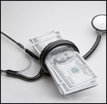 Photo: A stethoscope wrapped around a stack of one hundred dollar bills.