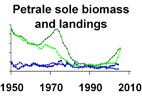 Petrale sole biomass and landings **click to enlarge**