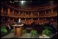 Laura Bush addresses the Golden Apple Awards ceremony attendees at the Shakespeare Theater in Chicago, Illinois May 14, 2001. White House photo by Paul Morse.