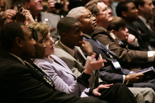 Mrs. Laura Bush speaks with youth presenter Kanesha Butler and fellow guests at the third regional conference on Helping America’s Youth at Tennessee State University, Thursday, April 12, 2007, in Nashville, Tenn. Mrs. Bush, who was the keynote speaker at the event, said, “Adults need to become aware of the challenges facing children, and take an active interest in their lives.” White House photo by Shealah Craighead