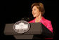 Mrs. Bush addresses a group gathered for the lighting of the White House, Oct. 7, 2008, in the color pink in honor of Breast Cancer Awareness Month. Mrs. Bush thanked the researchers, doctors, advocates and others who have worked to fight the disease that is the leading cause of death in women. Mrs. Bush has worked to make the fight on cancer and cancer prevention a global effort. White House photo by Chris Greenberg