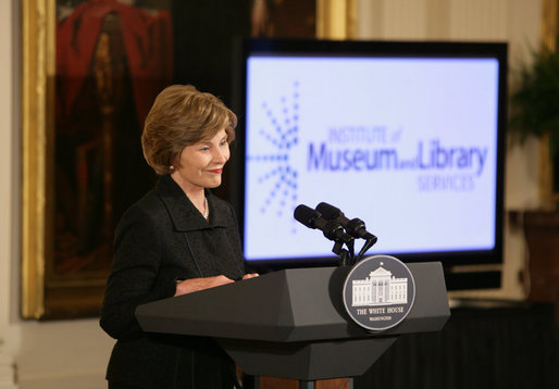 Mrs. Laura Bush offers remarks at the 2008 National Medals for Museum and Library Service Ceremony in the East Room of the White House, Oct. 7, 2008. The First Lady honored five libraries and five museums for their outstanding contributions to public service. White House photo by Chris Greenberg