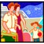 Clip art of family of three travelers with suitcases.