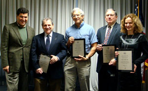 NIH director Dr. Elias Zerhouni (l) thanks steering committee members who just completed their rotation as of FY 2007. They are (from l) NIAMS director Dr. Nora Volkow.