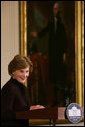 Mrs. Laura Bush welcomes guests Friday, March 7, 2008, to the East Room of the White House for a scene performance of Chasing George Washington: A White House Adventure. Mrs.Bush also spoke about the importance of learning through the arts and in support of the Kennedy Center/White House Historical Association theater series. White House photo by Joyce N. Boghosian