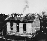 The synagogue in Oberramstadt, Germany, burns during <i>Kristallnacht</i>. November 9-10, 1938.