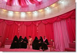 Mrs. Laura Bush talks with women in the Pink Majlis Monday, Oct. 22, 2007, at the Sheikh Khalifa Medical Center in Abu Dhabi, United Arab Emirates. The Majlis is a tradition of open forum for a wide range of topics. The Majlis focuses on issues related to breast cancer. White House photo by Shealah Craighead