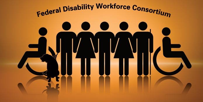 FDWC Logo: a group of 7 cutout figures, two are wheelchair users, one has a guide dog, one has a cane