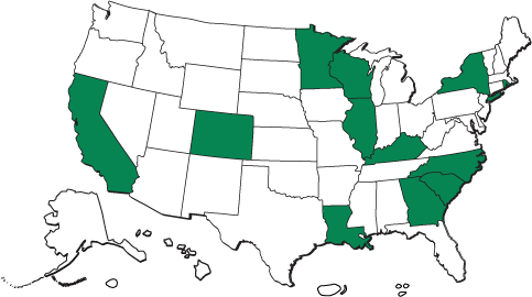 U.S. map highlighting the twelve sites with NPCR supported registries participating in the PoC study: California, Colorado, Georgia, Illinois, Kentucky, Louisiana, Minnesota, New York, North Carolina, Rhode Island, South Carolina, and Wisconsin.