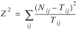 uppercase Z superscript {2} = the summation over lowercase i j times (uppercase N subscript {lowercase i j} minus uppercase T subscript {lowercase i j}) superscript {2} divided by uppercase T subscript {lowercase i j}