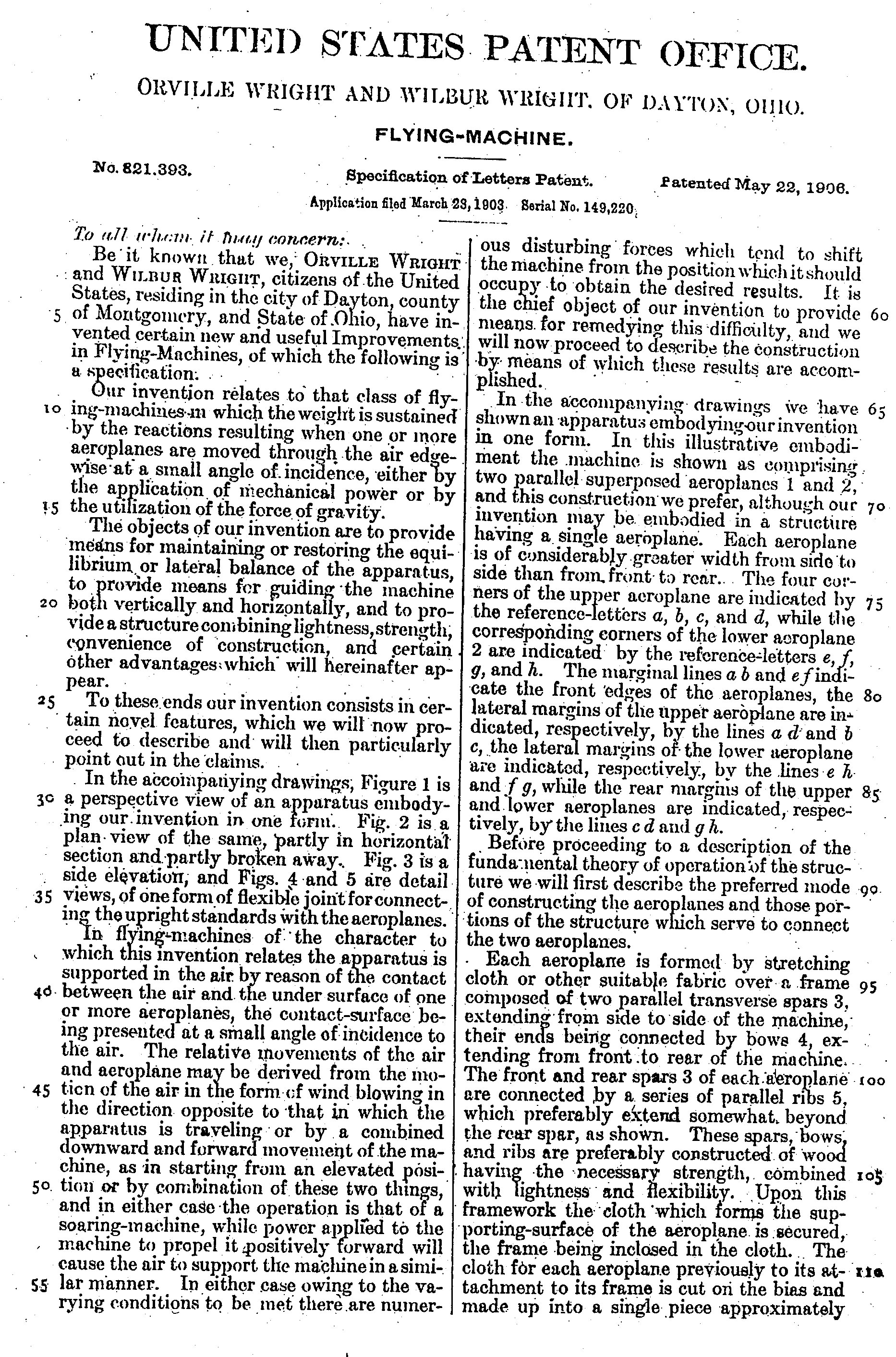 Figure 2 Drawing from Wright Brothers' Patent #821,393