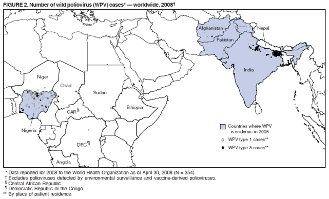 FIGURE 2. Number of wild poliovirus (WPV) cases* — worldwide, 2008†