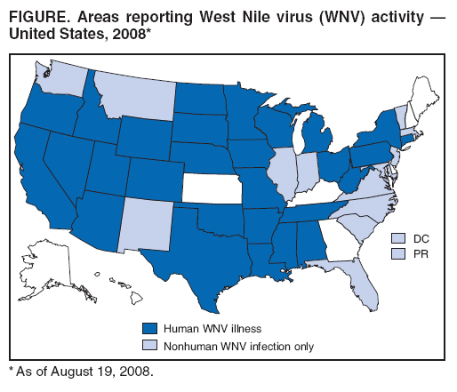 FIGURE. Areas reporting West Nile virus (WNV) activity —
United States, 2008*