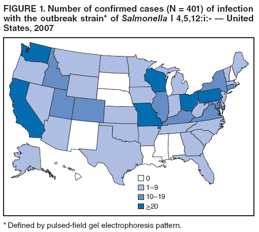 FIGURE 1. Number of confirmed cases (N = 401) of infection with the outbreak strain* of Salmonella I 4,5,12:i:- — United States, 2007