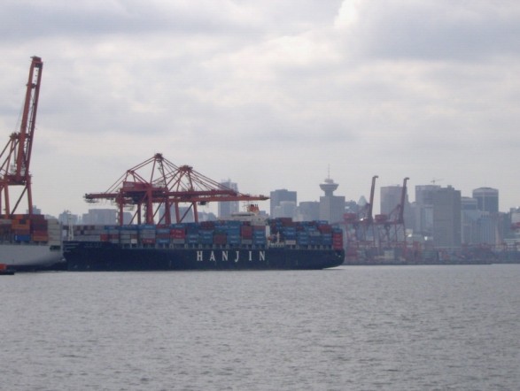 Hanjin company container ship at port in the Port of Vancouver