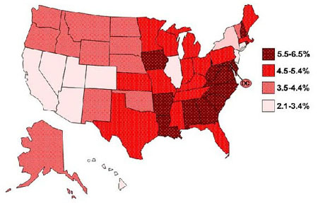 Chart of US states and their prevalence rate for children currently medicated with ADHD