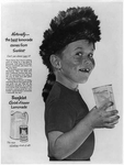 Adv. showing freckled, toothless boy in coon-skin cap holding glass of Sunkist lemonade