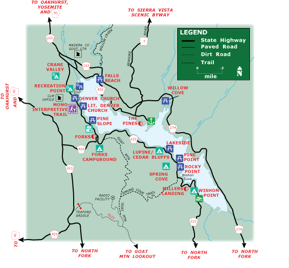 [Image]: Map of the Bass Lake area detailing camping, picknicking and trails.